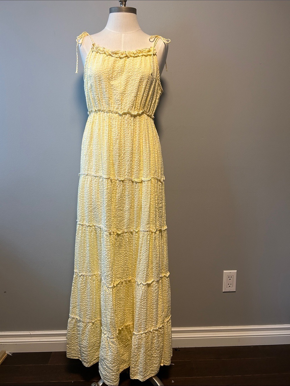 Sim & Sam Yellow Cotton Gingham Tiered Cottagecore Maxi Dress